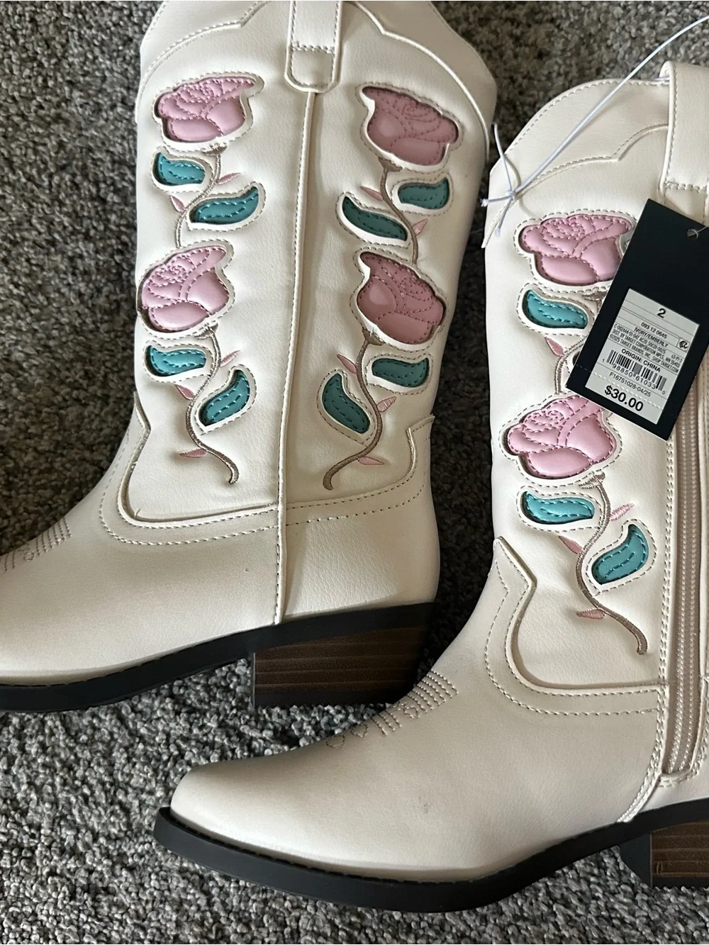 NWT art class Cream Kids' Western Boots with Pink Rose Floral & Teal Leaves